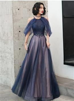 Picture of Blue Halter A-line Tulle Sequin Long Prom Dresses, Blue Tulle Evening Dresses Party Dresses